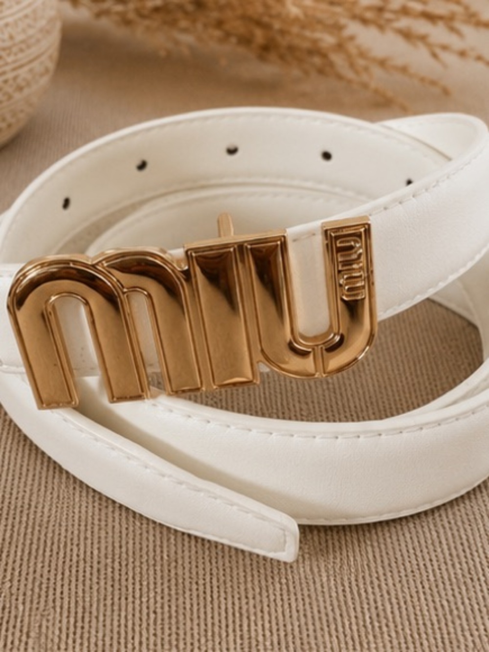 White Designer Inspired Gold Logo Buckle Belt | Minimalist Statement Belt